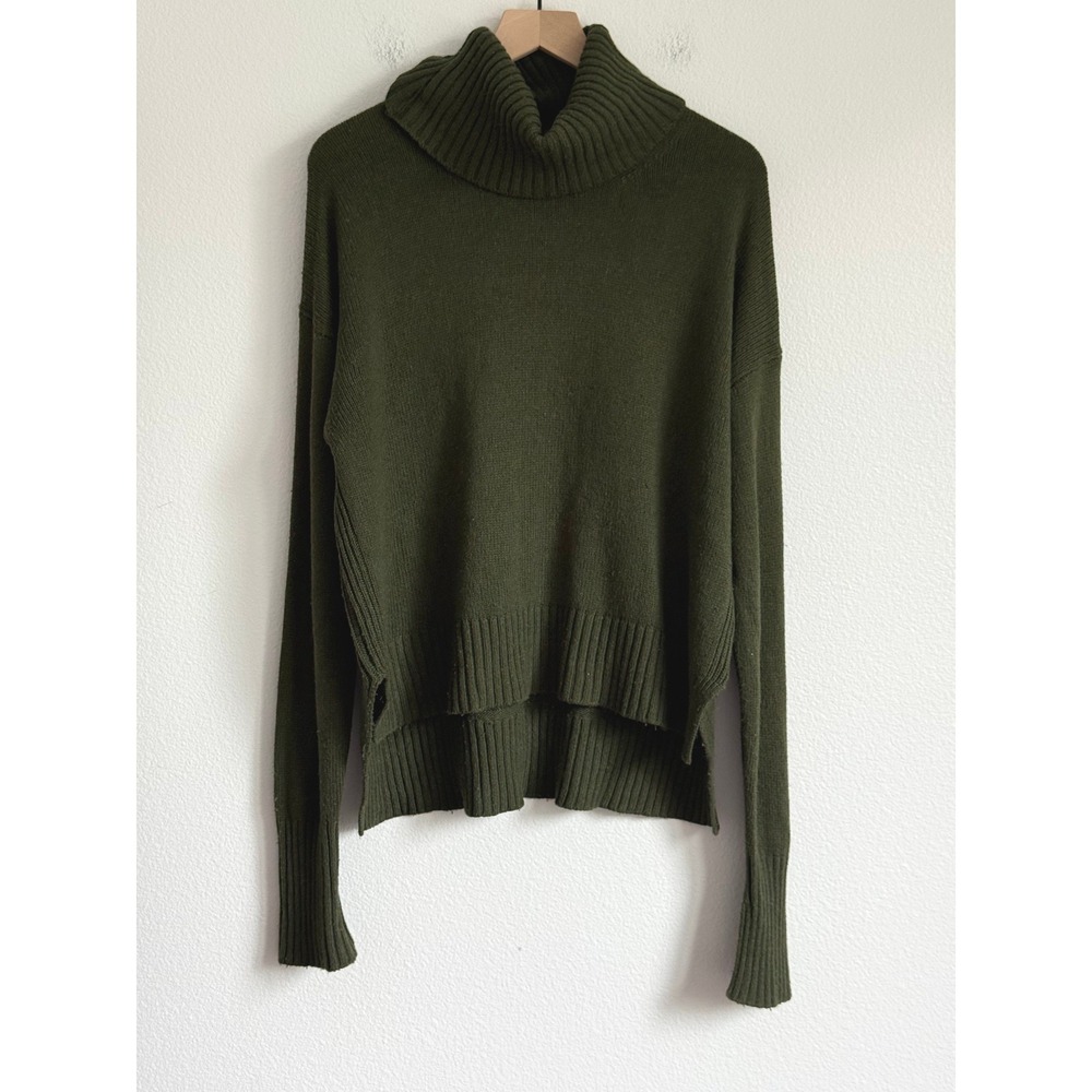 Anthropologie Boho Olive Green Chunky Cowl Neck Wool Knit Slit Sweater M‎